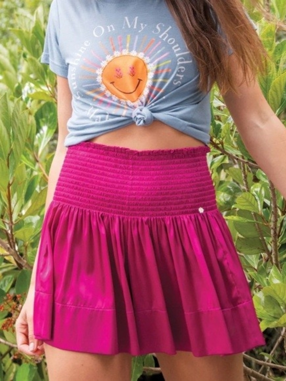 Natural Life Magenta Smocked Satin Skort S Boho Pull-On Stretchy Lightweight